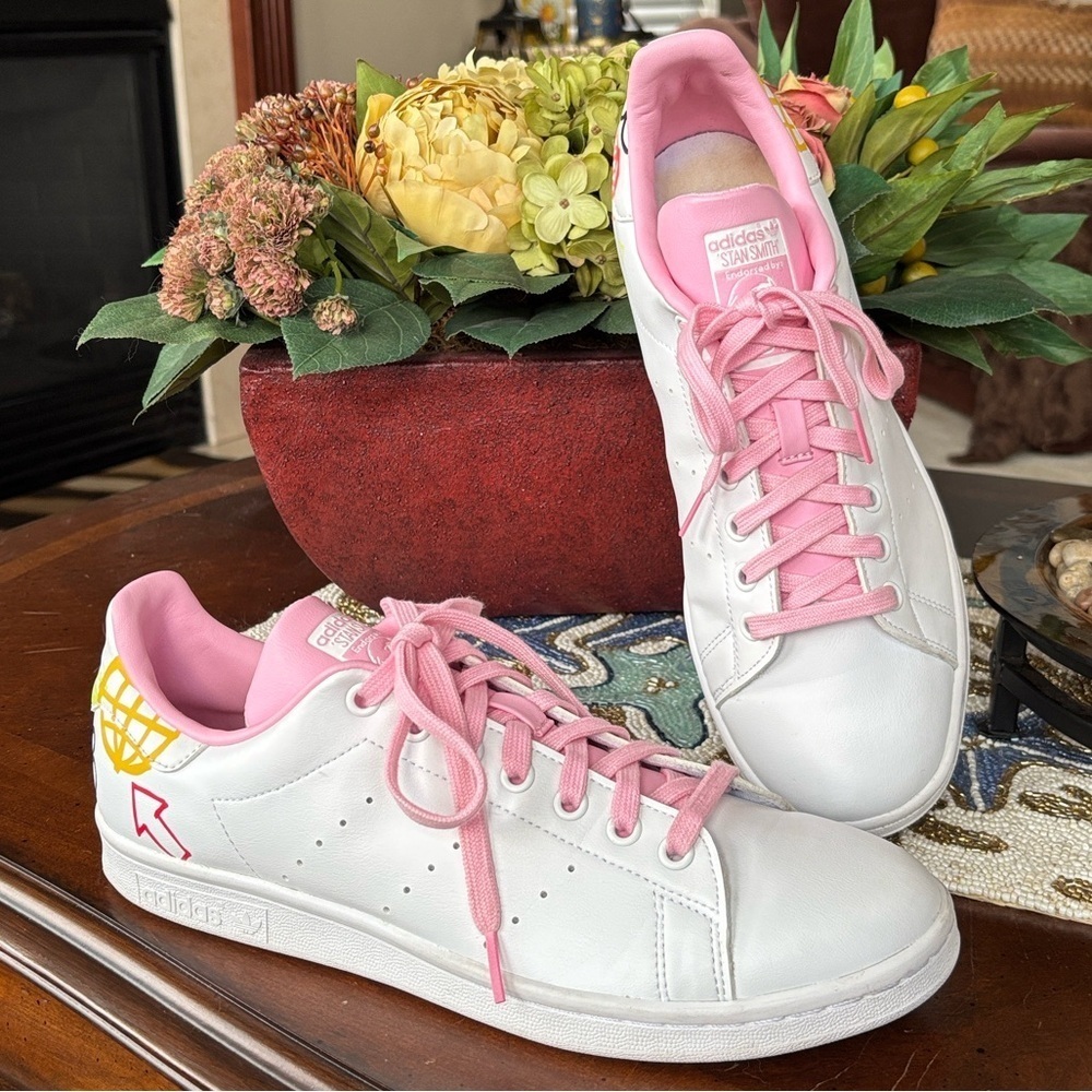 Adidas Stan Smith Doodle White Pink Lace Up Sneakers Primegreen Playful Graphics